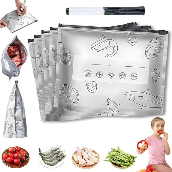 Reusable Aluminum Foil Sealable Storage Bags – Heat Resistant, Leakproof & Reusable, Vacuum Zipper Pouches Food with Label and Stand-Up Bottom Design for Vegetable Fruit Meat