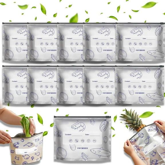 Reusable Aluminum Foil Sealable Storage Bags, Resealable Vacuum Zipper Pouches for Food, Stand Up Foil Sealable Bag with Label and Zip Lock for Vegetable Fruit Meat (10PCS,Small)