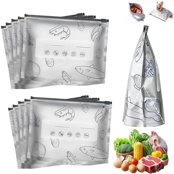 Reusable Aluminum Foil Sealable Storage Bags, Resealable Vacuum Zipper Pouches for Food, Stand Up Foil Sealable Bags with Label and Zip Lock for Vegetable Fruit Meat (10 PCS, M(9.05inx6.69in))