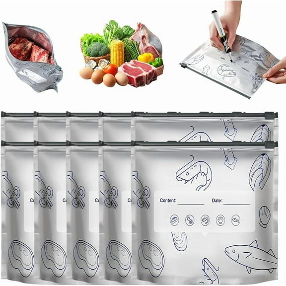 Reusable Aluminum Foil Sealable Storage Bags, Reusable Seafood Meat Self-sealing Freezer Bags, Stand Up Foil Sealable Bags with Label and Zip Lock for Vegetable Keep Fresh