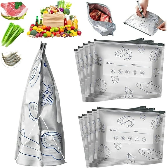 Reusable Aluminum Foil Sealable Storage Bags, Stand Up Foil Sealable Bags with Label and Zip Lock, Food Storage Preservation Bags with a Stand-up Bottom Design for Vegetable Fruit Meat
