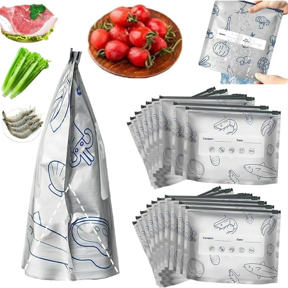 Reusable Aluminum Foil Sealable Storage Bags, Stand Up Foil Sealable Bags with Label and Zip Lock, Food Storage Preservation Bags with a Stand-up Bottom Design for Vegetable Fruit Meat