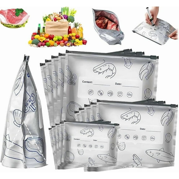 Reusable Aluminum Foil Sealable Storage Bags, Vacuum Zipper Pouches with Label and Zip Lock, Stand-Up Bottom Design, Seafood Meat Self-Sealing Freezer Bags, Food Storage Preservation Bag(60pcs*mix)