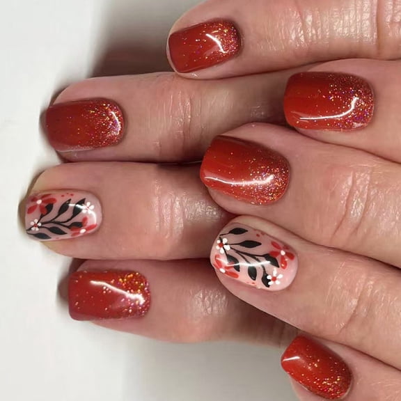 Reusable Artificial Nails Red Brown Tones, Easy Apply Press Ons with Floral Patterns for Seasonal
