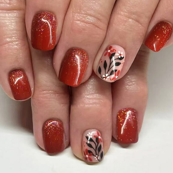 Reusable Artificial Nails Red Brown Tones, Easy Apply Press Ons with Floral Patterns for Seasonal
