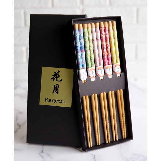 Reusable Bamboo Colorful Cherry Blossoms Set of 5 Ridged Ends Chopsticks Pairs