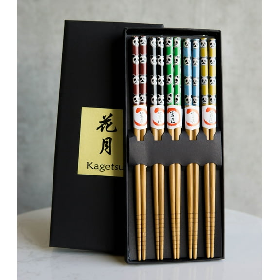 Reusable Bamboo Colorful Giant Panda Bears Set of 5 Ridged Ends Chopsticks Pairs