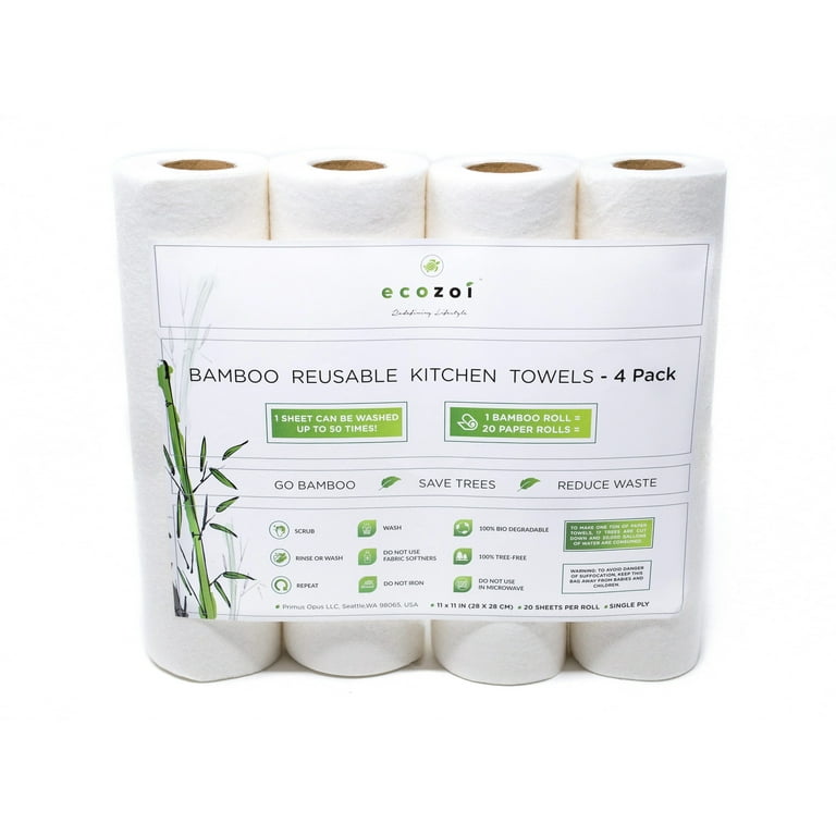 ecozoi Bamboo Kitchen Paper Towels, Reusable Tree-free Rolls with Design, 4 Pack