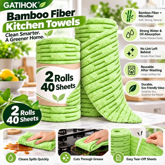 Reusable Bamboo Paper Towels, 40 Pack Tear Away Roll, Washable ...