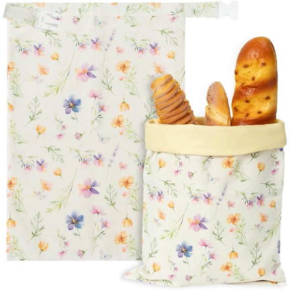 Reusable Beeswax Bread Bags - 2 Pack Bees Wax Food Wraps, Homemade Sourdough Bread Storage, 2-in-1 Linen Cotton Large Freezer Container Home Baking Accessories with Lining (Eucalyptus Leaf)