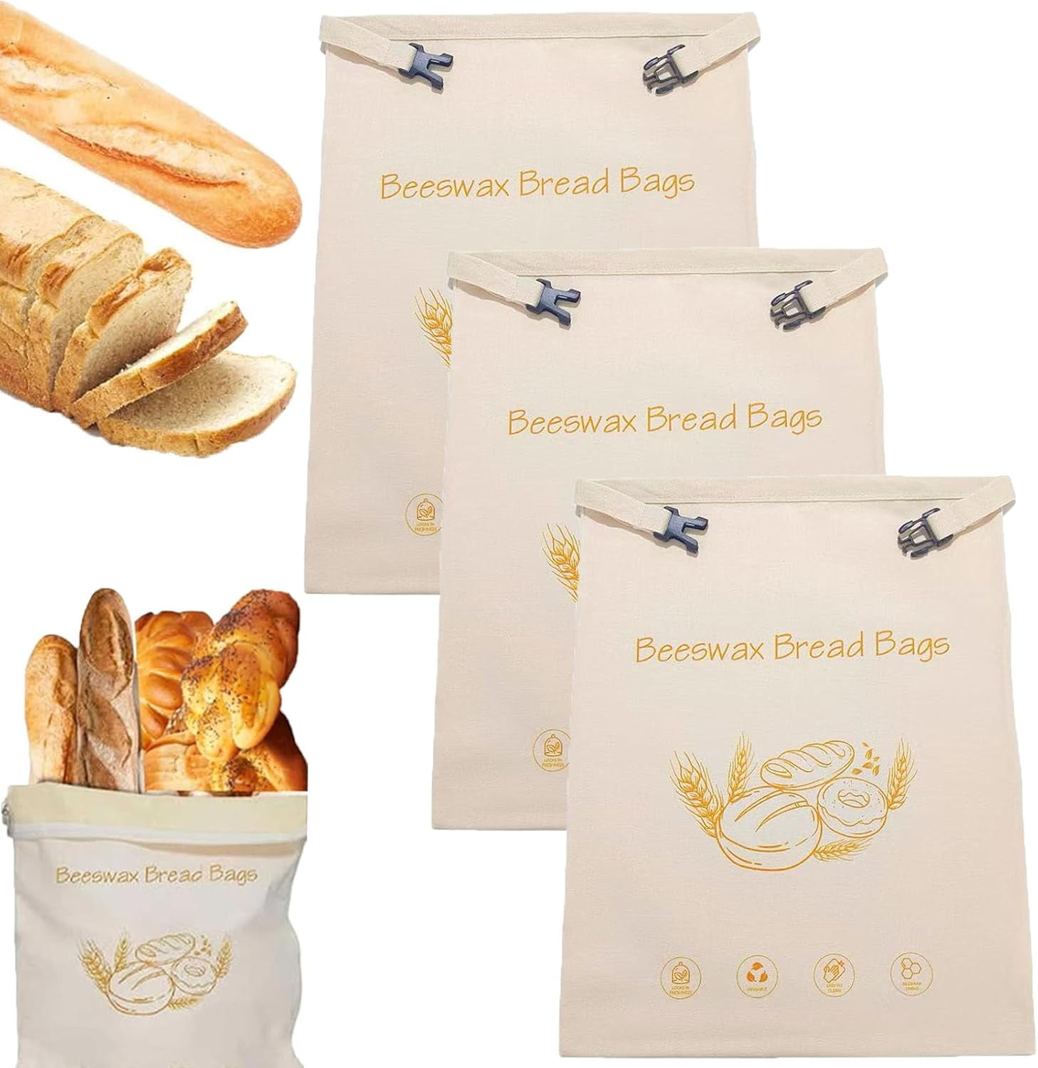 Tyzarglef Reusable Beeswax Bread Bags, 2 Pack 17x13 Inch Beeswax-Lined Cotton Bags - View #10