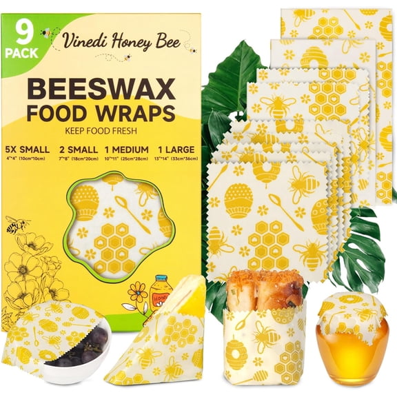 Reusable Beeswax Food Wraps, 9 Pack - Assorted Sizes (XS,S, M, L) | Organic Cotton, Eco Friendly, Plastic Free | Honeycomb Design (Orange)