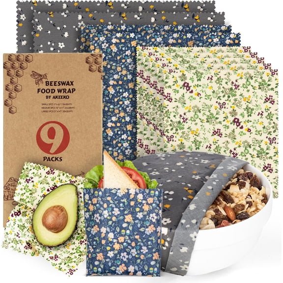 Reusable Beeswax Food Wraps - Assorted 9 Packs, Eco-Friendly Reusable Wrap, Biodegradable, Zero Waste, Organic Cloth, Sustainable, Plastic-Free Food Storage, 1Large, 3Medium, 5Small Sizes