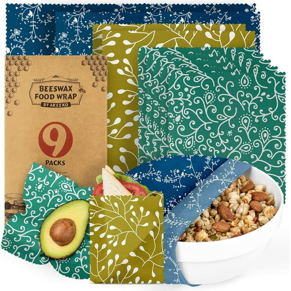 Reusable Beeswax Food Wraps - Assorted 9 Packs, Reusable, Plastic-Free Food Storage, 5 Small, 2 Medium, 1 Large, 1 Extra Large Wraps with Abstract Curves Pattern