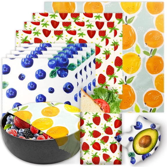 Reusable Beeswax Wrap - 9 Pack, Wraps for Food, Eco-Friendly Food Wrap, Organic, Sustainable, Biodegradable, Zero Waste, Plastic-Free Storage (Orange | Strawberry Blueberry)