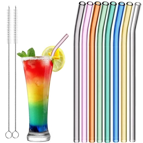 Reusable Bent Glass Straws, 8mm Glass Drinking Straws with 2 Cleaning Brushes, Non-Toxic, BPA Free Glass Straws for Smoothies, Beverages, Shakes, Juices, 8 Packs (Multicolor)