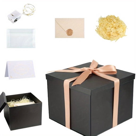 Reusable Black Gift Box Set 9x9x7 Inches, Complete Gift Wrapping Kit with Decorative Accessories for All Occasions