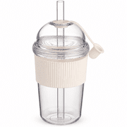 Reusable Boba Cup 17.6oz, Tumbler with Lid, Straw & Silicone Sleeve for Iced Coffee, Bubble Tea, White