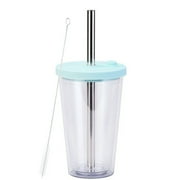 Reusable Boba tea cup, 16-ounce leak-proof double layer smoothie cup, iced coffee cup, wide straw for bubble tea - Bluish green