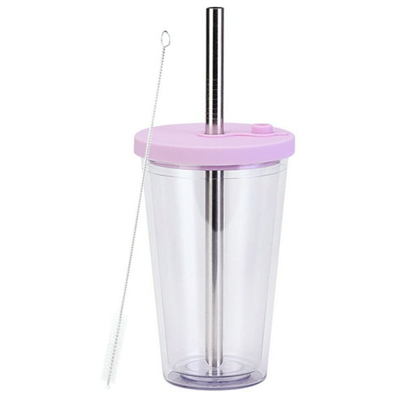 Reusable Boba tea cup, 16-ounce leak-proof double layer smoothie cup, iced coffee cup, wide straw for bubble tea - mauve