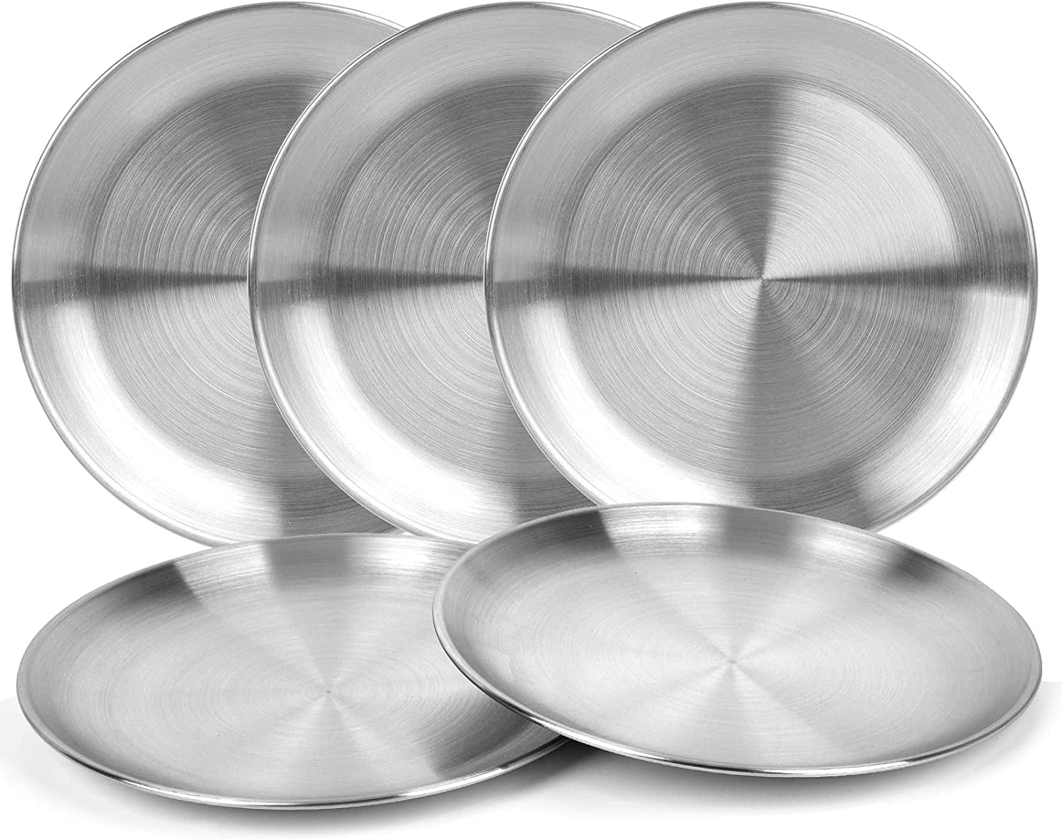 Reusable Brushed Metal Dinner Plates - Stainless Steel Round Plates, Heavy Duty & Rust Resistant - Set of 4 - BPA Free and Food Safe