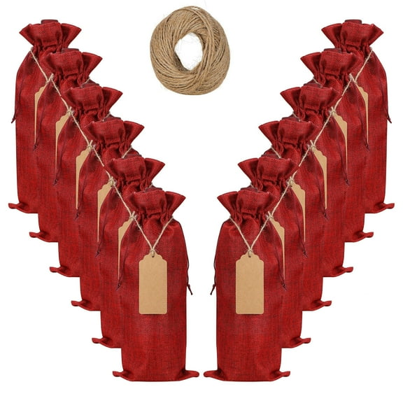 Reusable Burlap Wine Bag, 12 pcs Wine Bottle Gift Bags with Drawstring,Tags and Ropes for Gift,Christmas,Wedding,Birthday, Holiday Party,etc. (Red)