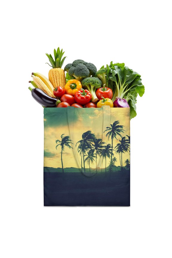 Reusable Canvas Tote Bag – Tropical Palm Tree Sunset Print – Vibrant Neon Aesthetic Beach Bag – Hawaiian Ocean Sunset Eco Tote – Boho Minimalist Summer Bag for Women