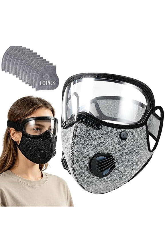 Reusable Carbon Filter Dust Mask with Adjustable Goggles, 5-Layer Fabric Face Covering with 10 Replaceable Filters for Woodworking and DIY Projects