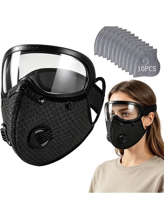 Reusable Carbon Filter Dust Mask with Adjustable Goggles, Anti-UV-5-Layer Filte with 10 Filters, Built for Woodworking