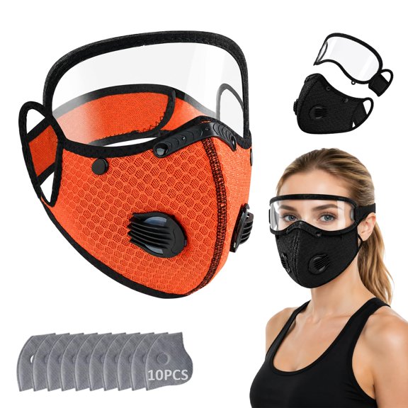 Reusable Carbon Filter Dust Mask with Eye Protection, 5-Layer Filter Face Cover, Clear Eye Shield, 10 Filters for Cycling