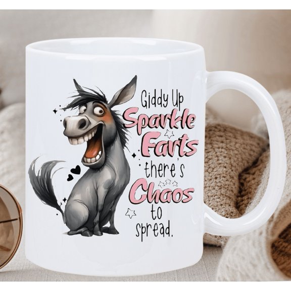 Reusable Ceramic Donkey-Themed Coffee Mug with Giddy Up Farts- There's Chaos to Spread Motif, Wash Safe, Electricity-Use- Whimsical All Ages