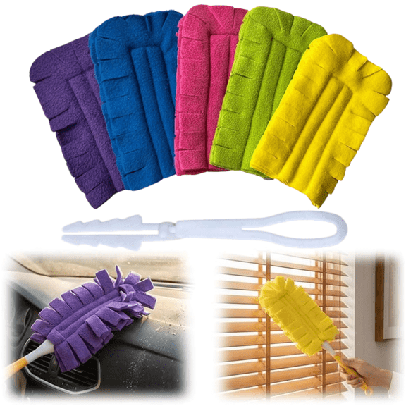 Reusable Chenille Microfiber Dust Duster, 5 Pack Washable Duster Pads with Handle Included, 360° Cleaning Fleece Refills for Fan, Blinds, Furniture, Home Cleaning (5 Cloth+1 Handle)