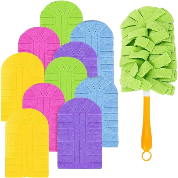 Reusable Chenille Microfiber Dust Duster with Removable Washable Cloth Covers, 360°Electrostatic Duster Refills, Multi-Surface Dusting Mop for Efficient Home Cleaning (1 Handle+10Refils)