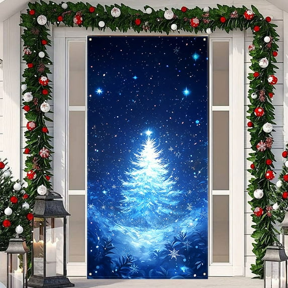 Reusable Christmas Door Cover – Holiday Scene Door Curtain Drapery, Washable Banner Backdrops for Front Door or Entryway Easy Install Winter Decor