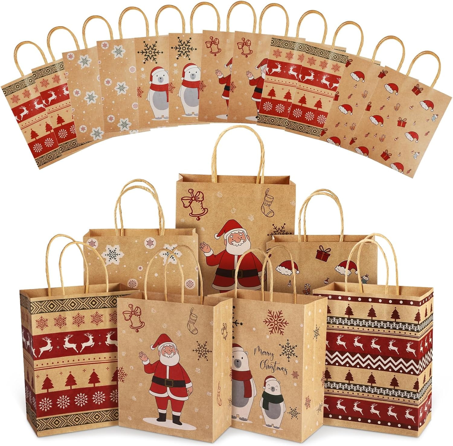 24 Pack Christmas Gift Bags - 6 Designs, with Handles