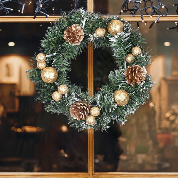 Reusable Christmas Wreath 8 Inch Plastic Decor with Berries Pinecones Red Balls, Indoor Outdoor Holiday Door Window Decoration(Gold)