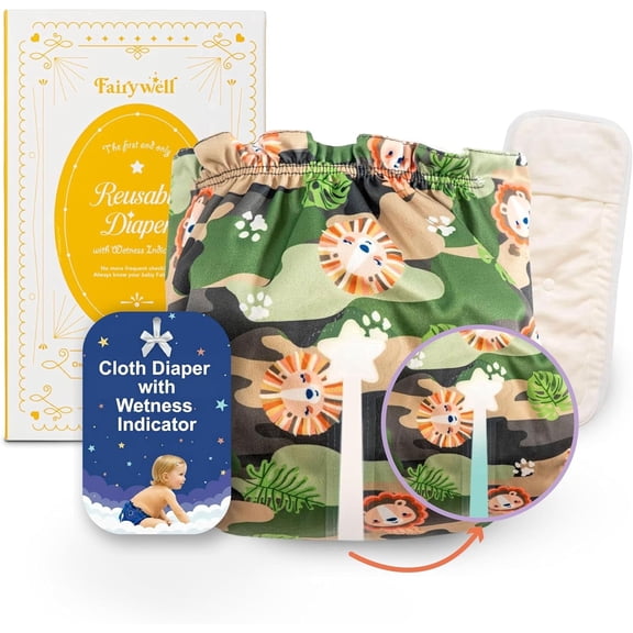 Reusable Cloth & Swim Diapers 2-in-1, Wetness Indicator, 1 Waterproof Skin Friendly Covers & Insert One Size Adjustable Washable (11-33 lbs, Lion)