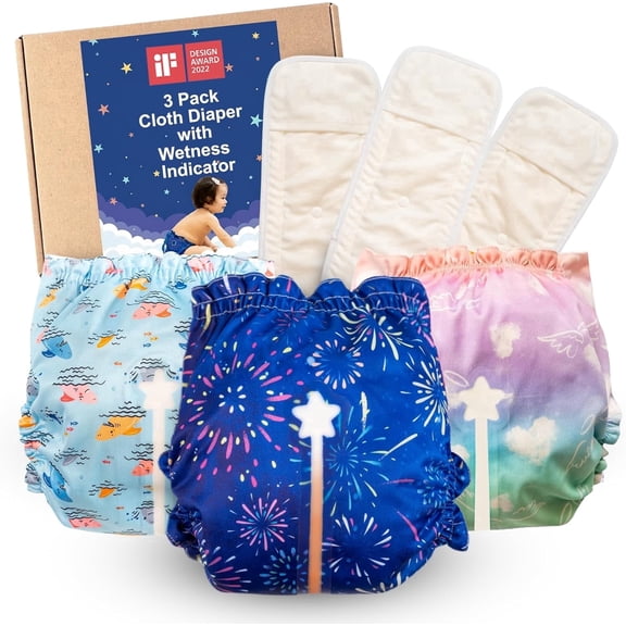 Reusable Cloth & Swim Diapers 2-in-1, Wetness Indicator (3-Pack), Waterproof Skin Friendly Covers & Insert One Size Adjustable Washable (11-33 lbs, Wonderland)