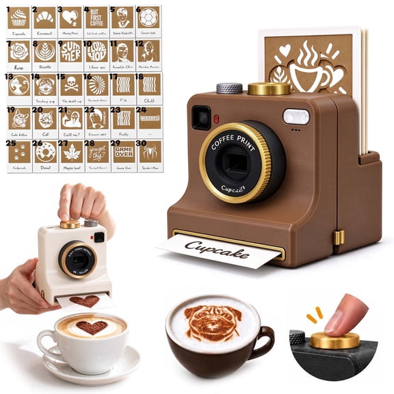 Reusable Coffee Art Stencil Maker, 3D Printed Manual Powder Art Camera with 15 Pattern Cards Latte Foam Decorating Tool for Cappuccino, Hot Cocoa, Desserts, Unique Kitchen Gift