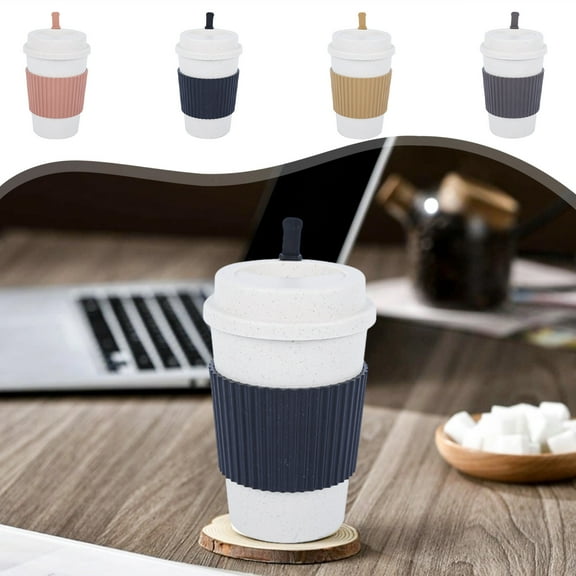 Reusable Coffee Cup with Leak Proof Tropical Lid | Hot & Cold Drink Insulation | Eco-Friendly White Straw Plastic | 9.3x14.2cm | Pink Khaki Gray | 1 Piece