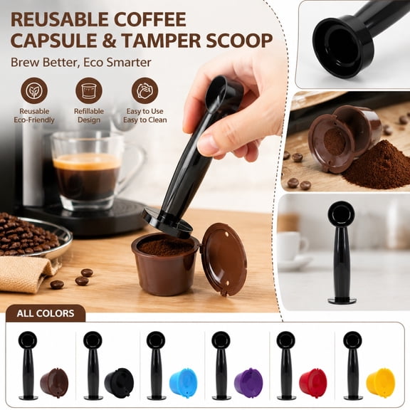 Reusable Coffee Pod Capsule, Refillable Stainless Steel Filter for Single Serve Brewers, Eco-Friendly Pod with Spoon & Brush, Sustainable Coffee Lover Gift, 1Pack Black