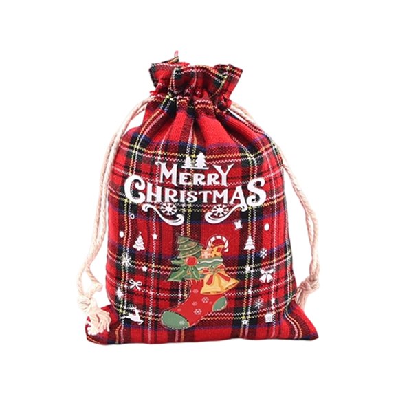 Reusable Cotton Drawstring Bag For Holiday Treats And Gifts Red Plaid Pattern Candy Pouch For Christmas Party Favors And Wrapping Packaging Reusable Drawstring Bag Cloth Material Red Color