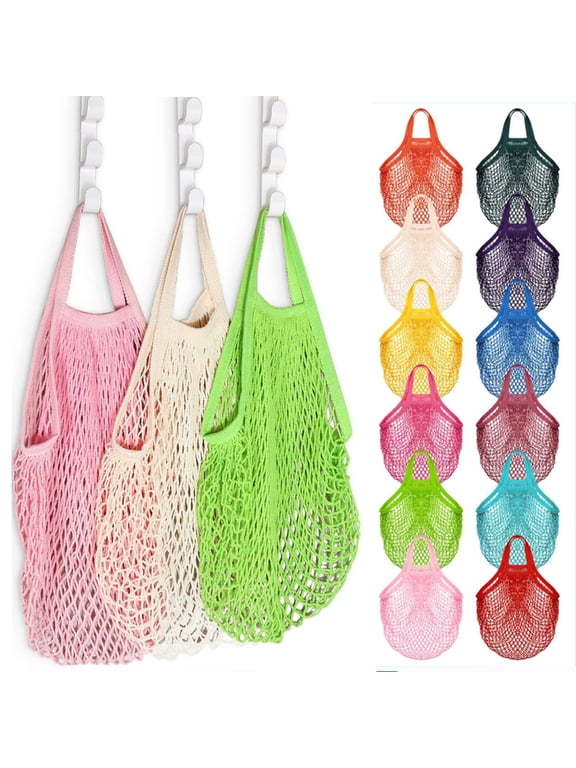 Reusable Cotton Mesh Grocery Bags Foldable Long Handle Net Tote Bags for Farmers Market Shopping, Fruit and Vegetable Bags
