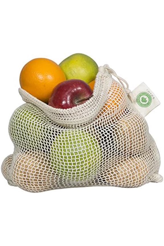 Reusable Cotton Mesh Produce Bags - 100% Organic Cotton, 8"x10", Drawstring Closure Mesh Bags to Store Cilantro, Lime and Small Vegetables and Produce (3 Small - 8"x10")
