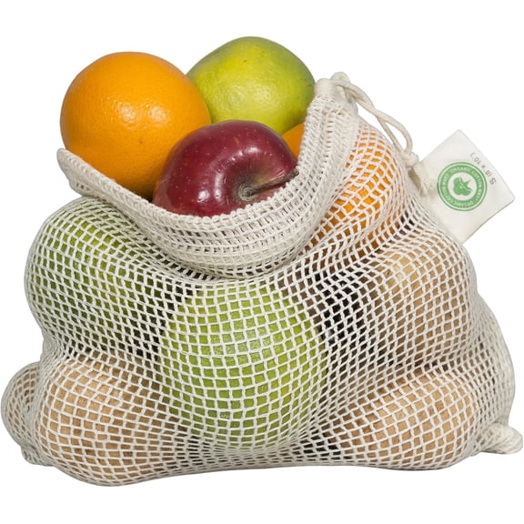Reusable Cotton Mesh Produce Bags - 100% Organic Cotton, 8"x10", Drawstring Closure Mesh Bags to Store Cilantro, Lime and Small Vegetables and Produce (3 Small - 8"x10")