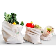 Reusable Cotton Mesh Produce Bags - 100% Organic Cotton, Durable, Double Stitched, Washable with Tare Weight & Drawstring - Mesh Bags for Grocery Shopping, Vegetables & Fruits | 6 Bags 2L, 2M, 2S