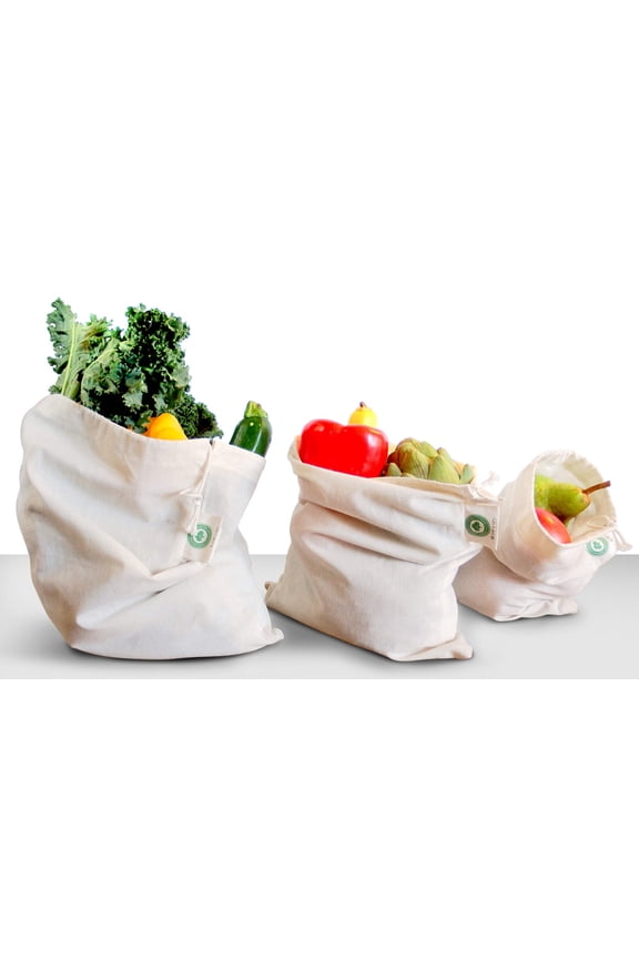 Reusable Cotton Mesh Produce Bags - 100% Organic Cotton, Durable, Double Stitched, Washable with Tare Weight & Drawstring - Mesh Bags for Grocery Shopping, Vegetables & Fruits | 6 Bags (2L, 2M, 2S)