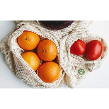 Reusable Cotton Mesh Produce Bags - 100% Organic Cotton, Durable, Double Stitched, Washable with Tare Weight & Drawstring - Mesh Bags for Grocery Shopping, Vegetables & Fruits | 6 Bags (2L, 2M, 2S)