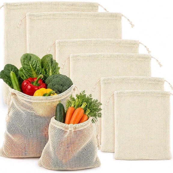 Reusable Cotton Mesh Produce Bags, Drawstring Fruit Vegetable Grocery Storage Net Bags