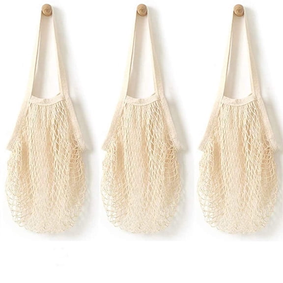 Reusable Cotton Mesh Produce Bags Washable String Net Grocery Tote-beige-